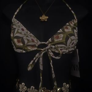 Zara Olive Green Floral Tie-Front Bikini Top